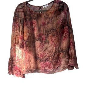 Kensie Women's Brown Floral Print Sheer Blouse Size Medium